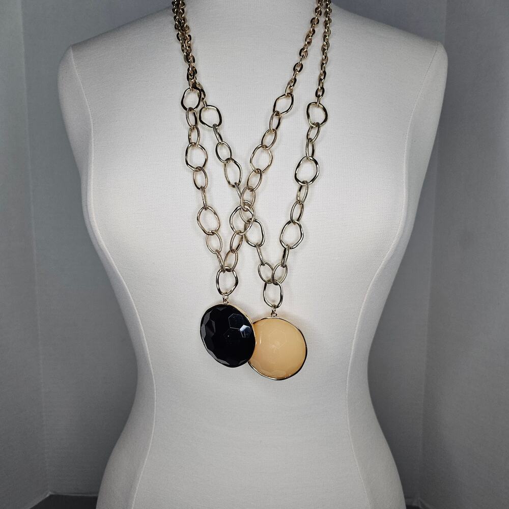 Two Chunky Chain Necklaces Faceted Pendant Acrylic Black Cream Silvertone Long